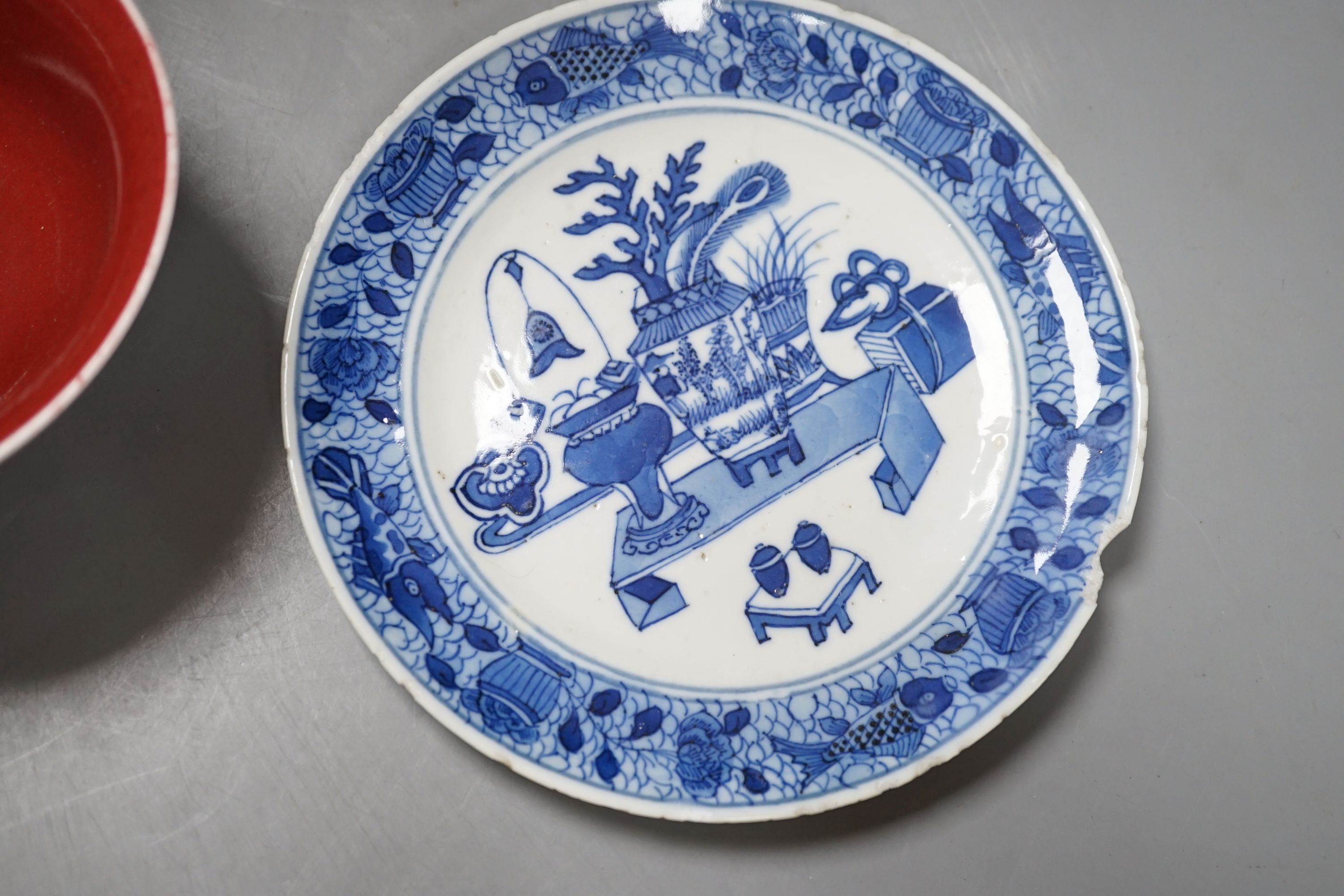 A Chinese Kangxi Imari dish, a blue and white dish, Qianlong famille rose bowl, a republic period plate and later sang de boeuf bowl